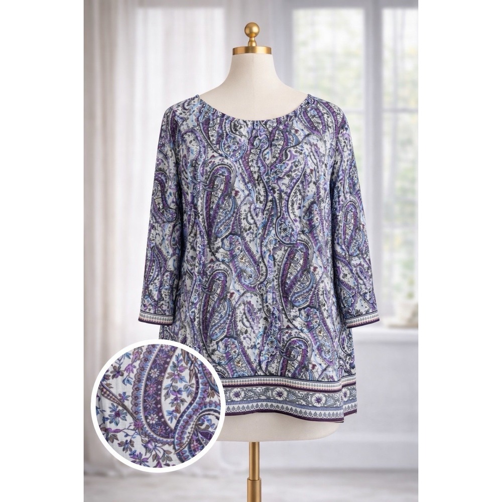 J.‎ Jill Blouse XL Violet Adara Paisley Floral Wrapped Back Top 3/4 Sleeve Boho